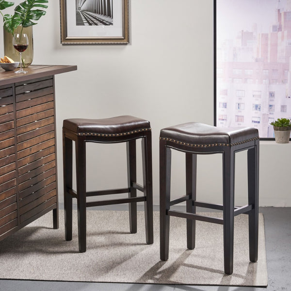 English Elm Tiffin Studded Faux Leather Backless Barstools Set Solid Wood Frame Kitchen Counter 67704.00