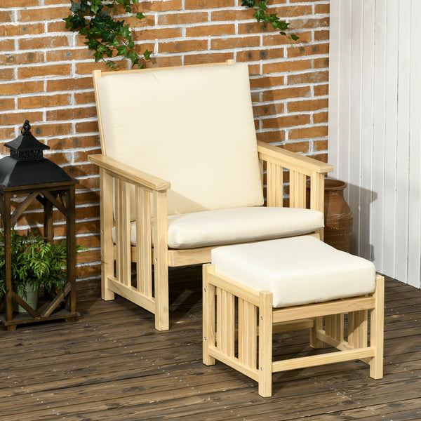 English Elm Patio Solid Pinewood 2-Piece Outdoor Lounge Set with 4" Cushions, Compact Armchair & Ottoman, Beige W2225142509