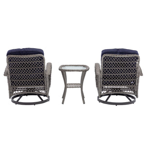 English Elm 3 Pieces Outdoor Swivel Rocker Patio Chairs Set with 360° Rotation, Tempered Glass Table & Plush Cushions Navy Blue W640142463