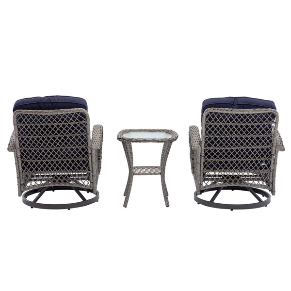 English Elm 3 Pieces Outdoor Swivel Rocker Patio Chairs Set with 360° Rotation, Tempered Glass Table & Plush Cushions Navy Blue W640142463