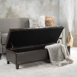 English Elm Storage Ottoman Bench with Button Tufted Waffle Lid for Bedroom or Living Room 68087.00PUCHOCBRN