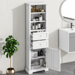 English Elm Tall Bathroom Storage Cabinet,Cabinet With One Door and Two Drawers, Freestanding Storage Adjustable Shelf, Mdf Board,White