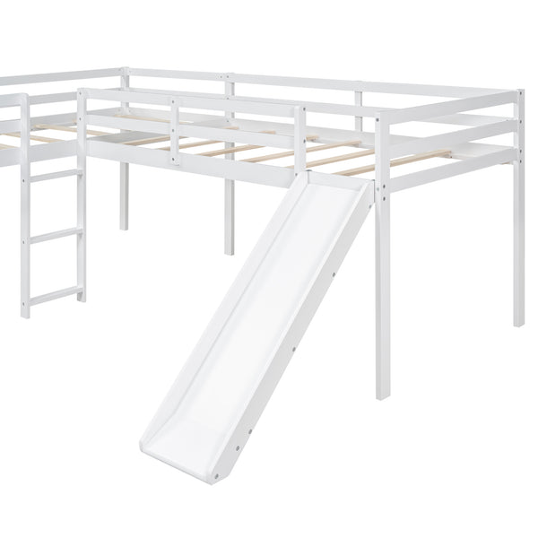English Elm L-Shaped Twin Loft Bed with Slide and Wide Ladder — Solid Pine & MDF, Corner-Saving Space-Smart Design White GX000242AAK-1