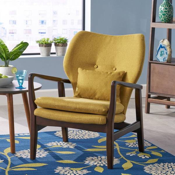 English Elm Christopher Knight Home® - Mid Mid Century Modern Fabric Club Chair with Button-Tufted Back and Accent Pillow, Tapered Birch Legs, Stylish Comfort (31.25˝W x 26.25˝D x 32.75˝H) Mustard 59135.00MUS