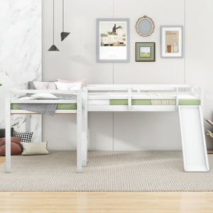 English Elm L-Shaped Twin Loft Bed with Slide and Wide Ladder — Solid Pine & MDF, Corner-Saving Space-Smart Design White GX000242AAK-1