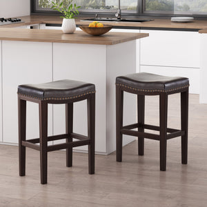 English Elm Christopher Knight Home® - TIFFIN Studded Counterstool Set of 2 Brown PU Saddle Seats with Rubberwood H-Frame & Nailhead Trim 67703.00