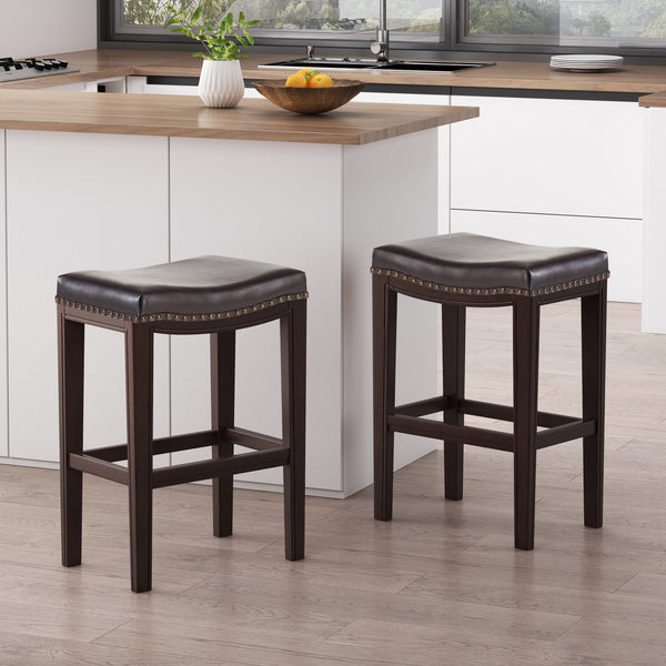 English Elm Christopher Knight Home® - TIFFIN Studded Counterstool Set of 2 Brown PU Saddle Seats with Rubberwood H-Frame & Nailhead Trim 67703.00