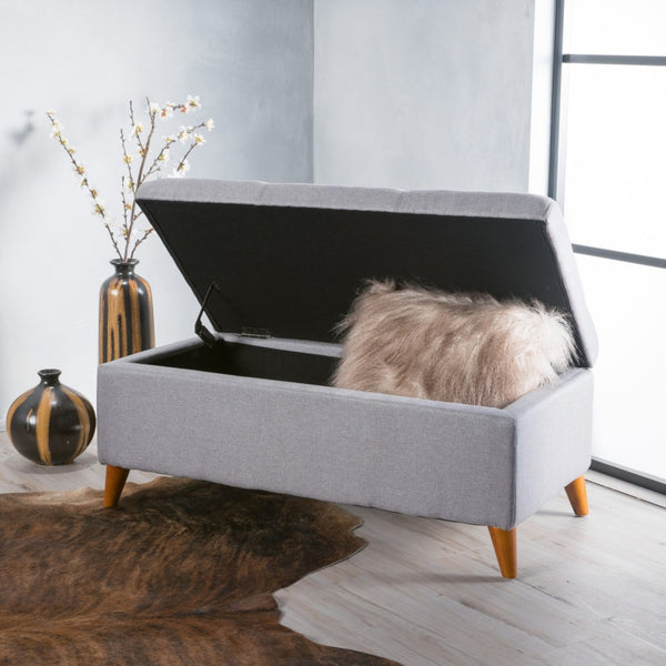 English Elm Storage Ottoman Bench with Lift Top Grey Upholstered Rolled Arm Traditional Style 74491.00LGY