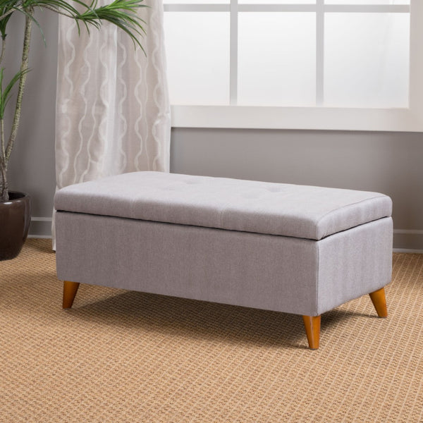 English Elm Storage Ottoman Bench with Lift Top Grey Upholstered Rolled Arm Traditional Style 74491.00GRY