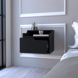 English Elm Floating Nightstand Chester Wall-Mount Black — Modern Dual-Tier Floating Shelf with Spacious Drawer, Sleek Design B092142809