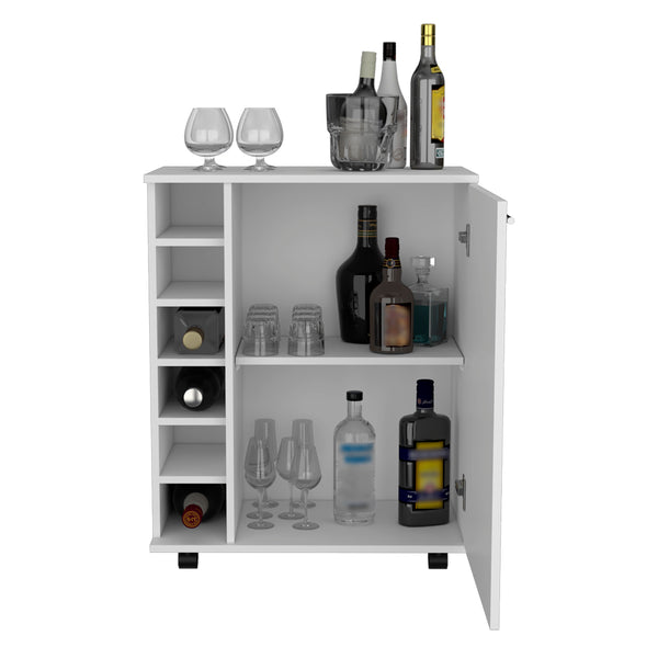 English Elm Bar Cart Cisco White Engineered Wood with 6-Bottle Rack, Spacious Cabinet, Serving Top & Casters for Entertaining B092142798