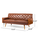 Christopher Knight Home® - Noble House - Barnard Mid-Century Modern Tufted Sofa with Rolled Accent Pillows, Cognac Brown, Dark Walnut, and Gold