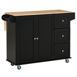 English Elm Mobile Kitchen Island Rolling Cart with Drop-Leaf Countertop, 3 Drawers, 2-Door Storage & Racks, Black W2225142636