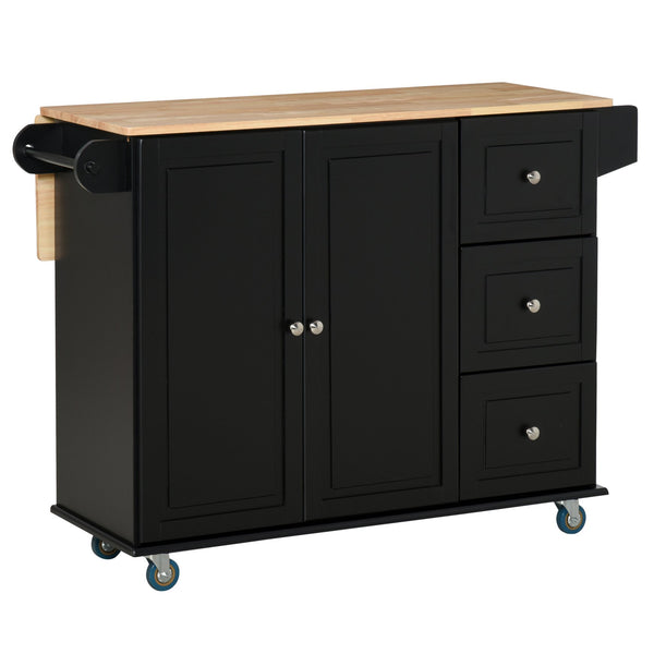 English Elm Mobile Kitchen Island Rolling Cart with Drop-Leaf Countertop, 3 Drawers, 2-Door Storage & Racks, Black W2225142636