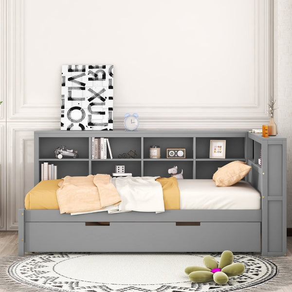 English Elm Wooden Twin Daybed with Trundle Storage Shelf and Usb Ports for Guest Rooms HL000074AAG
