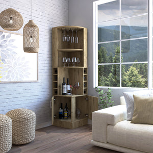 English Elm Corner Bar Cabinet Papprika Aged Oak Beige – Corner Liquor Storage with 8 Cubbies, Display Shelf, Compact Stylish Organizer B092142790
