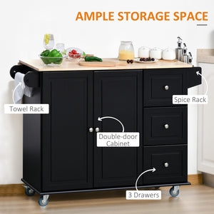 English Elm Mobile Kitchen Island Rolling Cart with Drop-Leaf Countertop, 3 Drawers, 2-Door Storage & Racks, Black W2225142636