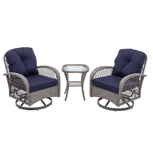 English Elm 3 Pieces Outdoor Swivel Rocker Patio Chairs Set with 360° Rotation, Tempered Glass Table & Plush Cushions Navy Blue W640142463