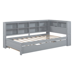 English Elm Wooden Twin Daybed with Trundle Storage Shelf and Usb Ports for Guest Rooms HL000074AAG