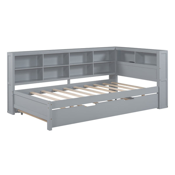 English Elm Wooden Twin Daybed with Trundle Storage Shelf and Usb Ports for Guest Rooms HL000074AAG