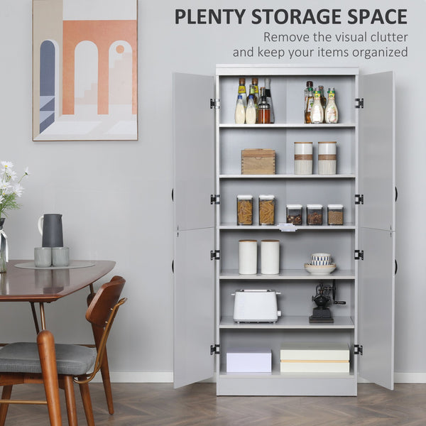 English Elm 70" Kitchen Pantry Tall Freestanding Storage Cabinet with 6-Tier Shelves, 4 Doors, Black Handles, Anti-Tip Protection Grey W2225S00026