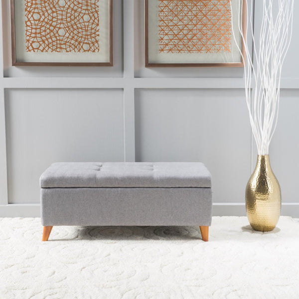 English Elm Storage Ottoman Bench with Lift Top Grey Upholstered Rolled Arm Traditional Style 74491.00GRY