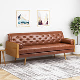 Christopher Knight Home® - Noble House - Barnard Mid-Century Modern Tufted Sofa with Rolled Accent Pillows, Cognac Brown, Dark Walnut, and Gold