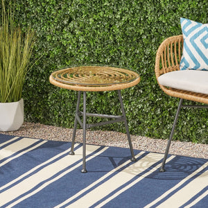 English Elm Orlando Outdoor Faux Rattan Side Table Tempered Glass Top for Deck or Porch 65038.00LBRN