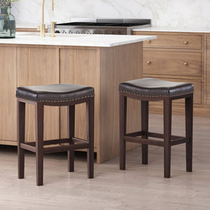 English Elm Christopher Knight Home® - TIFFIN Studded Counterstool Set of 2 Brown PU Saddle Seats with Rubberwood H-Frame & Nailhead Trim 67703.00