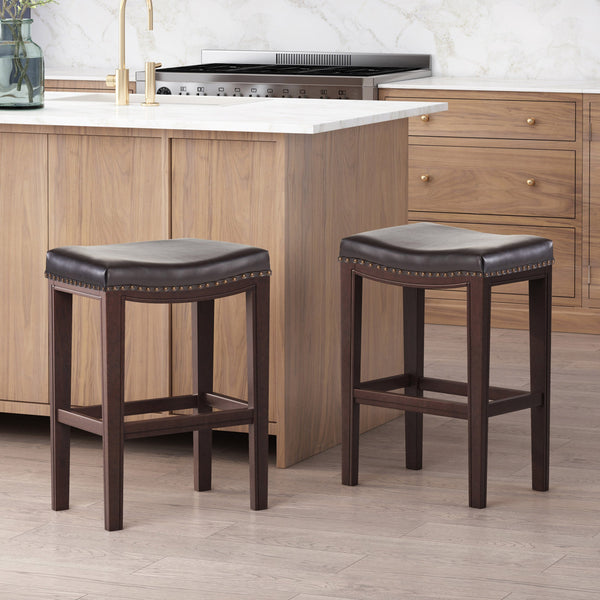 English Elm Christopher Knight Home® - TIFFIN Studded Counterstool Set of 2 Brown PU Saddle Seats with Rubberwood H-Frame & Nailhead Trim 67703.00