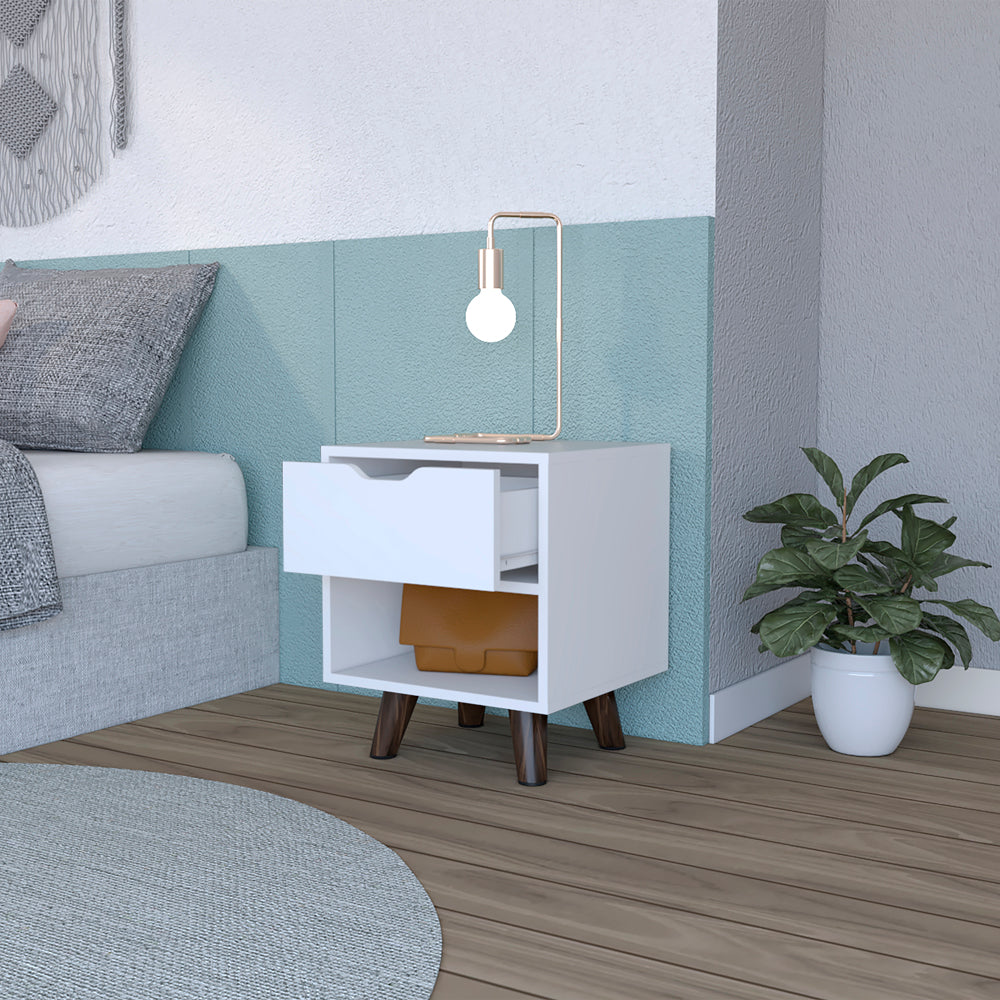 English Elm Nightstand Carleen White — Engineered Wood Nightstand with Spacious Drawer, Display Shelf & Wooden Legs B092142791