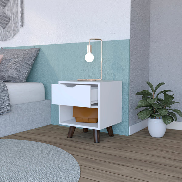 English Elm Nightstand Carleen White — Engineered Wood Nightstand with Spacious Drawer, Display Shelf & Wooden Legs B092142791