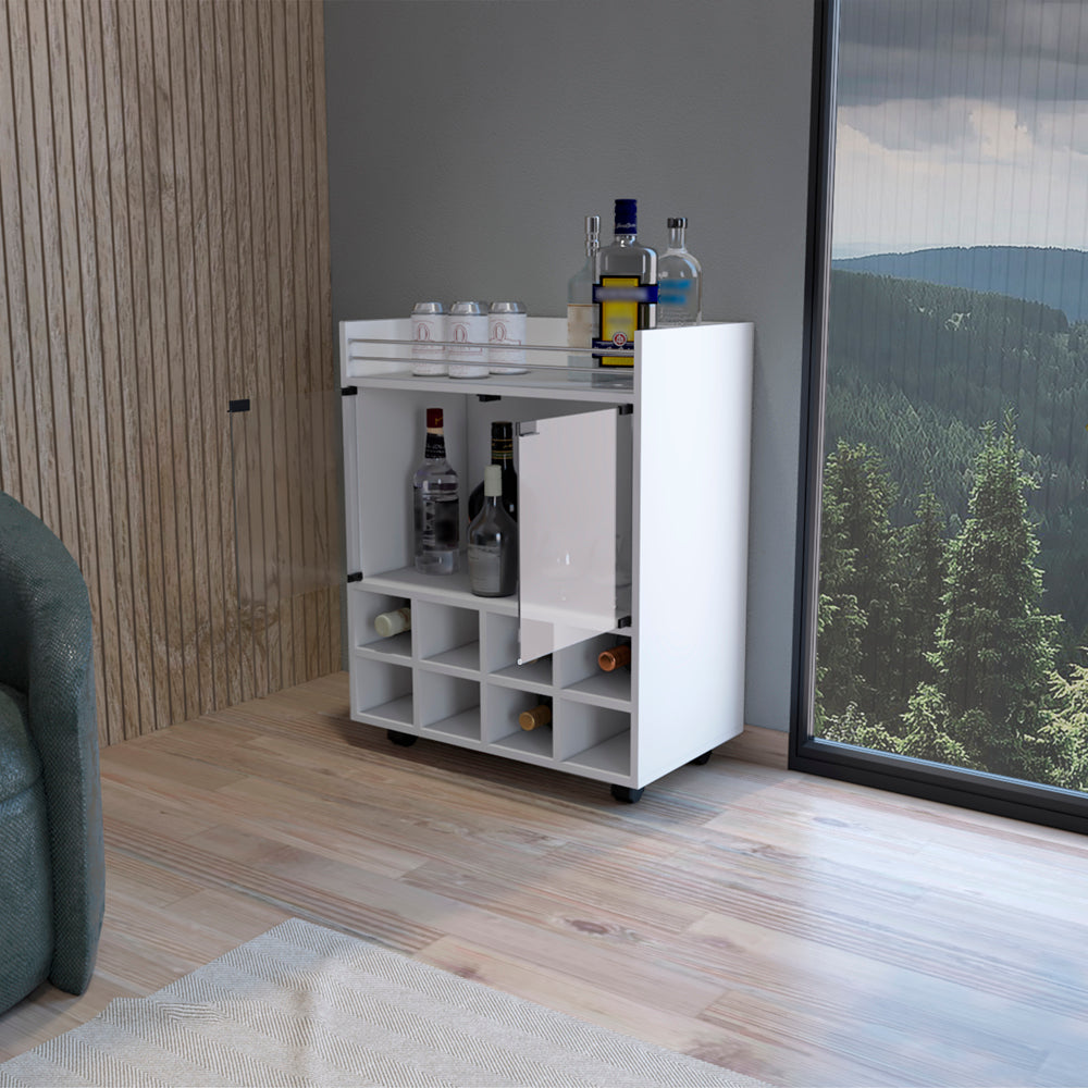 English Elm Bar Cart Philadelphia White with 8-Slot Bottle Rack, Double Glass Door & Aluminum Top on Casters —stylish mobile bar 93 B092142793