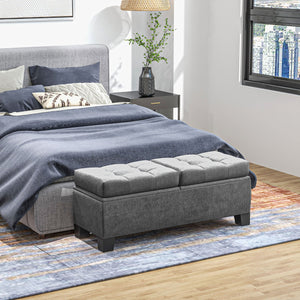 English Elm 46" Tufted Storage Ottoman Bench with Steel Frame, Linen Upholstered End-of-Bed Seating with Safety Hinges, Gray (46.75" x 16.5") W2225142646