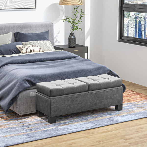 English Elm 46" Tufted Storage Ottoman Bench with Steel Frame, Linen Upholstered End-of-Bed Seating with Safety Hinges, Gray (46.75" x 16.5") W2225142646