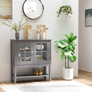 English Elm Coffee Bar Cabinet with Tempered Glass X-Door, Farmhouse Sideboard Buffet with Drawers & Adjustable Shelf Charcoal grey W2225142652