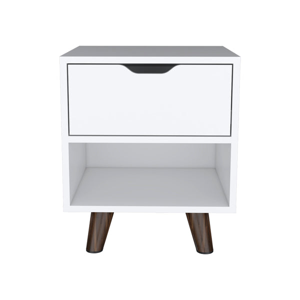 English Elm Nightstand Carleen White — Engineered Wood Nightstand with Spacious Drawer, Display Shelf & Wooden Legs B092142791