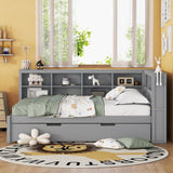 English Elm Wooden Full Size Daybed With Twin Size Trundle, Daybed With Storage Shelf and Usb Charging Ports,Grey