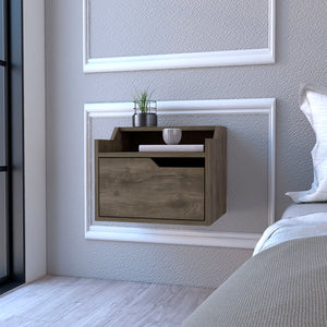 English Elm Floating Nightstand Chester Wall-Mounted Dark Brown Engineered Wood Floating Shelf with Drawer, Dual-Tier Storage Elegance B092142808