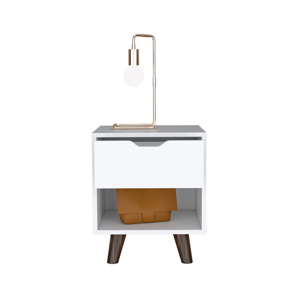 English Elm Nightstand Carleen White — Engineered Wood Nightstand with Spacious Drawer, Display Shelf & Wooden Legs B092142791