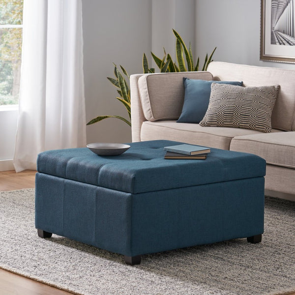 English Elm Carlsbad Tufted Waffle Lid Square Ottoman with Birch Legs for Living Room Storage 73426.00FDBL