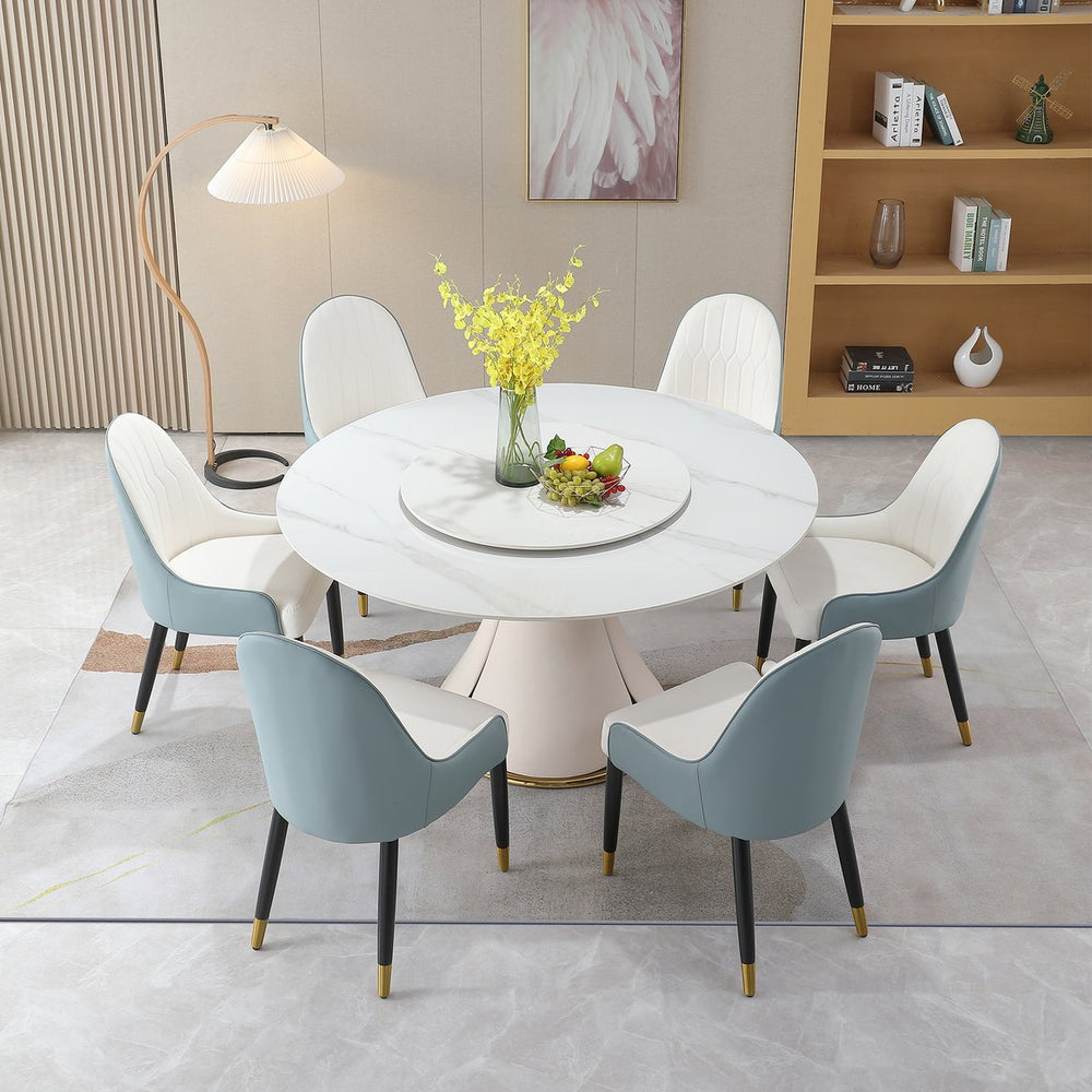 English Elm 59.05"Modern sintered stone dining table with 31.5" turntable and ergonomic foam chairs, stainproof elegance Vintage,White W509S00121