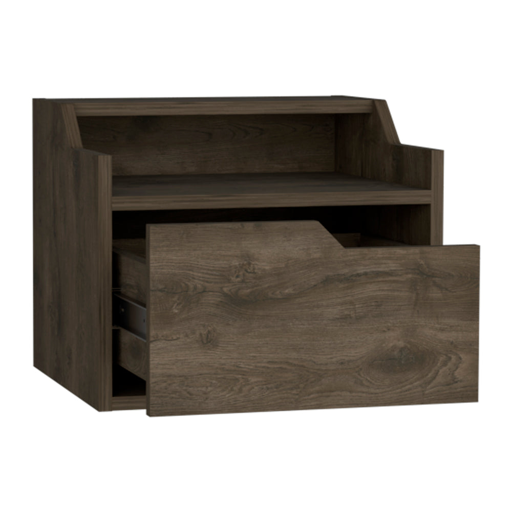 English Elm Floating Nightstand Chester Wall-Mounted Dark Brown Engineered Wood Floating Shelf with Drawer, Dual-Tier Storage Elegance B092142808