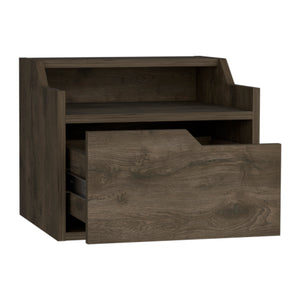 English Elm Floating Nightstand Chester Wall-Mounted Dark Brown Engineered Wood Floating Shelf with Drawer, Dual-Tier Storage Elegance B092142808
