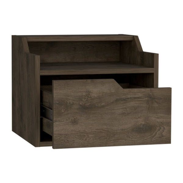 English Elm Floating Nightstand Chester Wall-Mounted Dark Brown Engineered Wood Floating Shelf with Drawer, Dual-Tier Storage Elegance B092142808