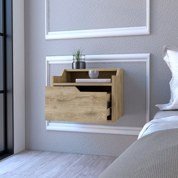 English Elm Floating Nightstand Chester Macadamia Beige – Wall-Mount Floating Shelf with Spacious Drawer, Dual-Tier Design for Modern Bedrooms B092142803