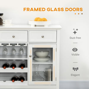 English Elm Coffee Bar Cabinet with Glass Doors, 3 Drawers, 6-Bottle Rack, Stemware Storage, White Sideboard W2225S00025