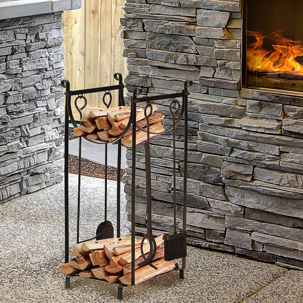 English Elm Firewood Rack With Tools - Sturdy Two-Tier Holder For Indoor/Outdoor Use, Organizes Logs Neatly & Safely W2225142610