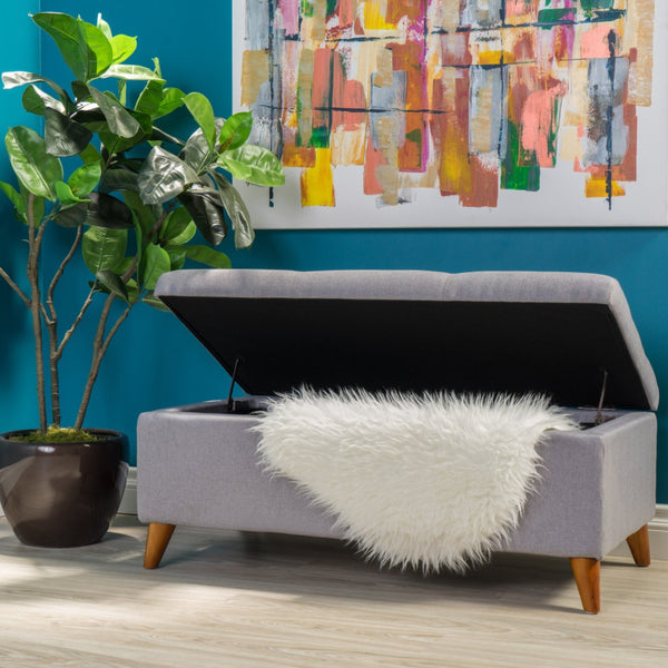 English Elm Storage Ottoman Bench with Lift Top Grey Upholstered Rolled Arm Traditional Style 74491.00LGY