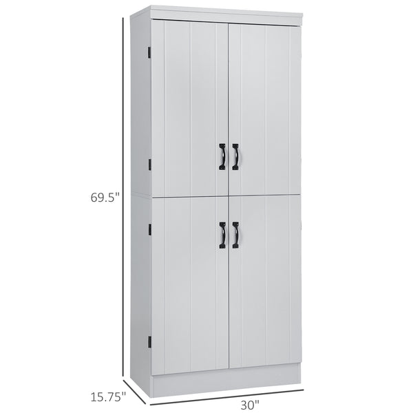 English Elm 70" Kitchen Pantry Tall Freestanding Storage Cabinet with 6-Tier Shelves, 4 Doors, Black Handles, Anti-Tip Protection Grey W2225S00026
